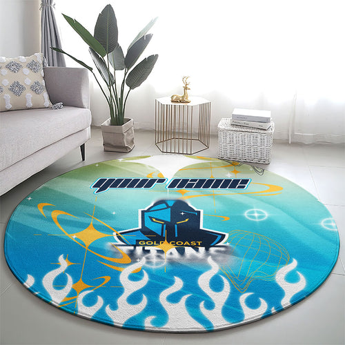 Personalized Gold Coast Titans Round Carpet Y2K Grunge Aesthetic With Cyber Flames and Starburst Graphics