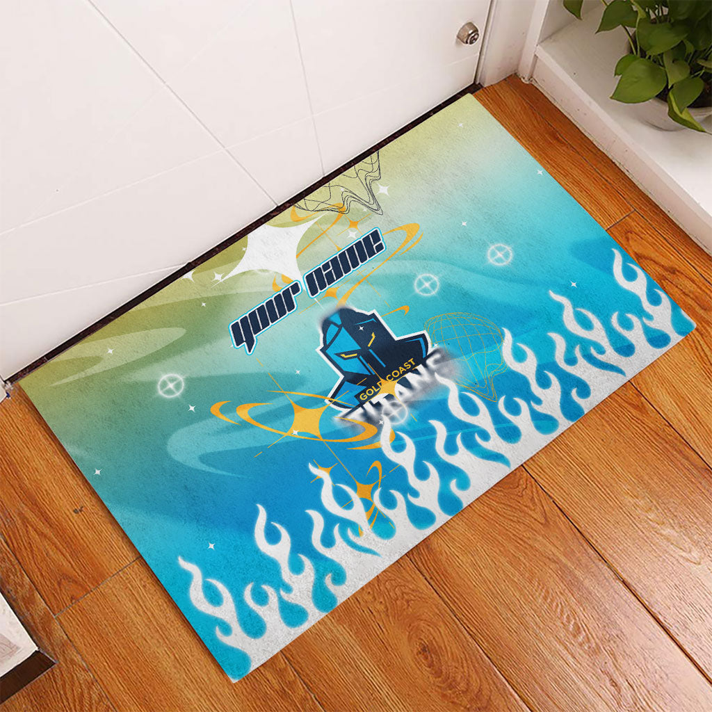 Personalized Gold Coast Titans Rubber Doormat Y2K Grunge Aesthetic With Cyber Flames and Starburst Graphics