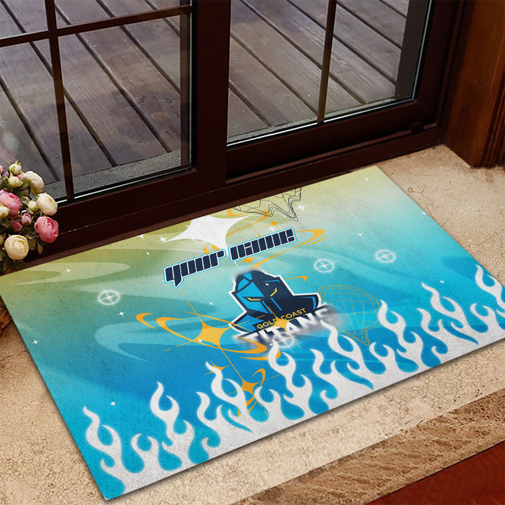 Personalized Gold Coast Titans Rubber Doormat Y2K Grunge Aesthetic With Cyber Flames and Starburst Graphics