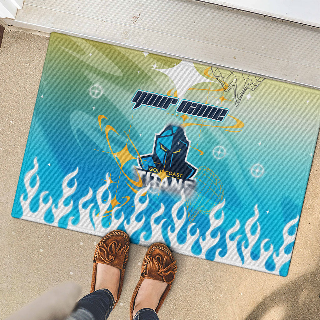 Personalized Gold Coast Titans Rubber Doormat Y2K Grunge Aesthetic With Cyber Flames and Starburst Graphics