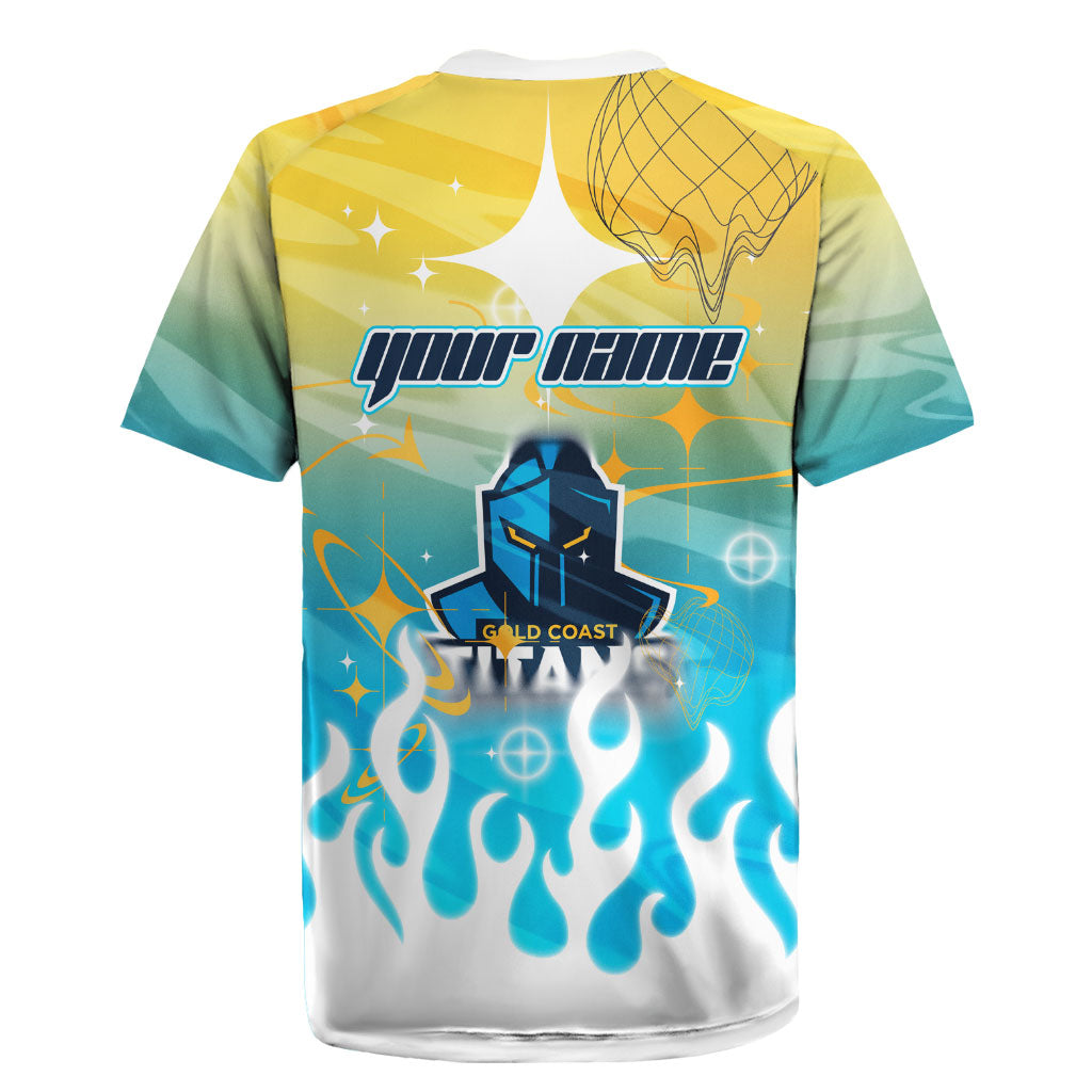 Personalized Gold Coast Titans Rugby Jersey Y2K Grunge Aesthetic With Cyber Flames and Starburst Graphics