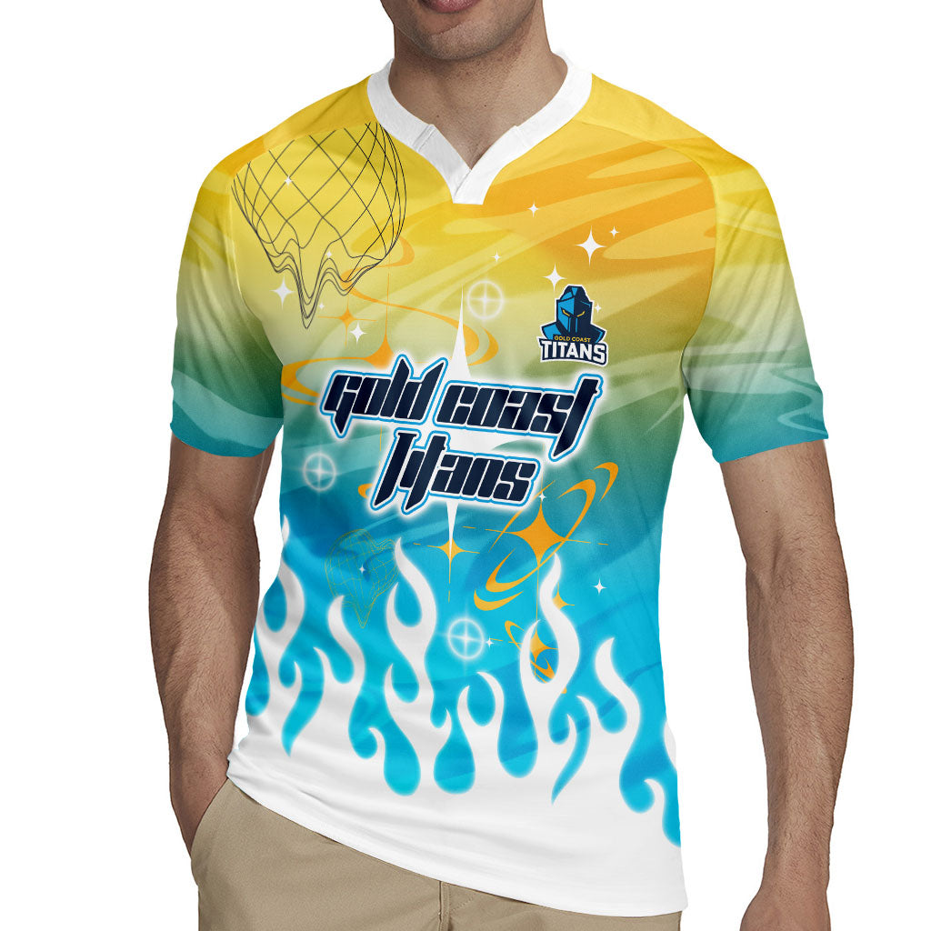 Personalized Gold Coast Titans Rugby Jersey Y2K Grunge Aesthetic With Cyber Flames and Starburst Graphics