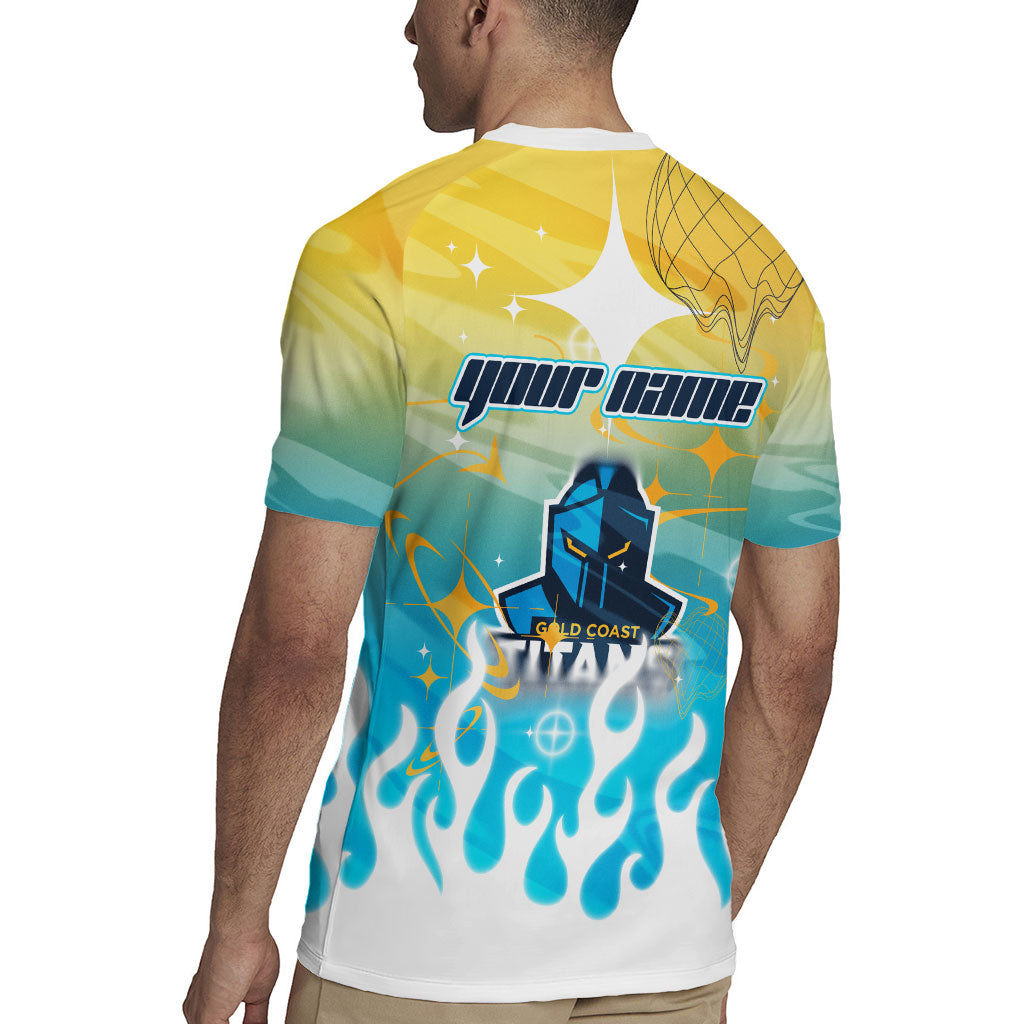 Personalized Gold Coast Titans Rugby Jersey Y2K Grunge Aesthetic With Cyber Flames and Starburst Graphics