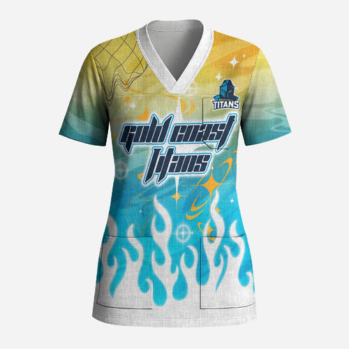 Personalized Gold Coast Titans Scrub Top Y2K Grunge Aesthetic With Cyber Flames and Starburst Graphics