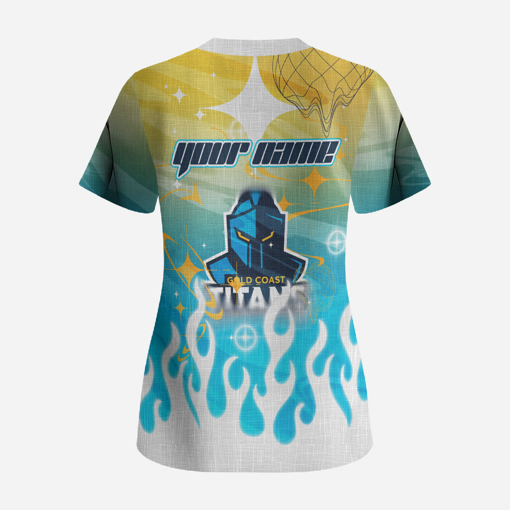 Personalized Gold Coast Titans Scrub Top Y2K Grunge Aesthetic With Cyber Flames and Starburst Graphics