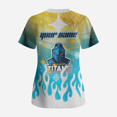 Personalized Gold Coast Titans Scrub Top Y2K Grunge Aesthetic With Cyber Flames and Starburst Graphics