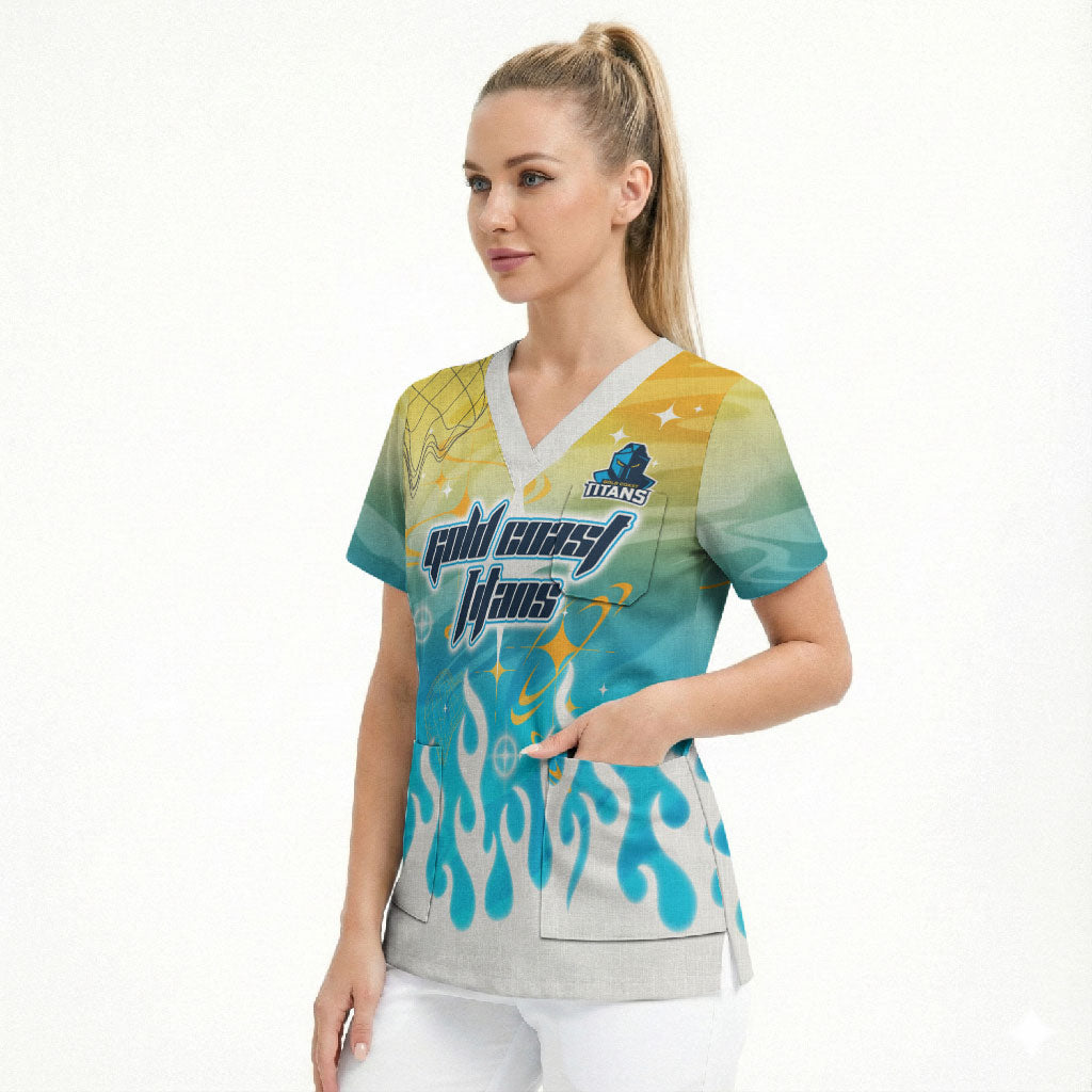 Personalized Gold Coast Titans Scrub Top Y2K Grunge Aesthetic With Cyber Flames and Starburst Graphics