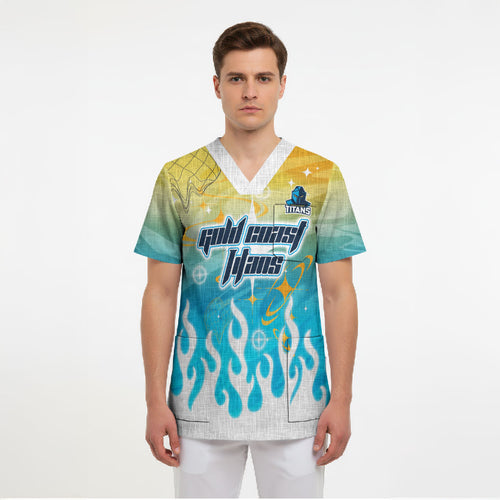 Personalized Gold Coast Titans Scrub Top Y2K Grunge Aesthetic With Cyber Flames and Starburst Graphics