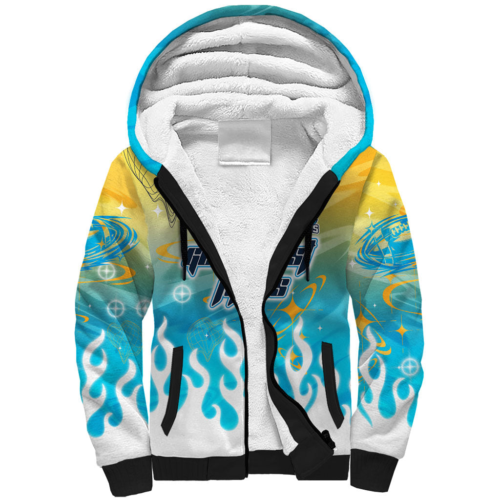 Personalized Gold Coast Titans Sherpa Hoodie Y2K Grunge Aesthetic With Cyber Flames and Starburst Graphics