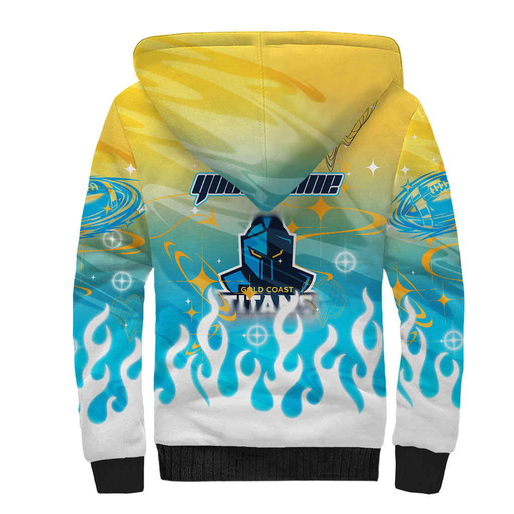 Personalized Gold Coast Titans Sherpa Hoodie Y2K Grunge Aesthetic With Cyber Flames and Starburst Graphics