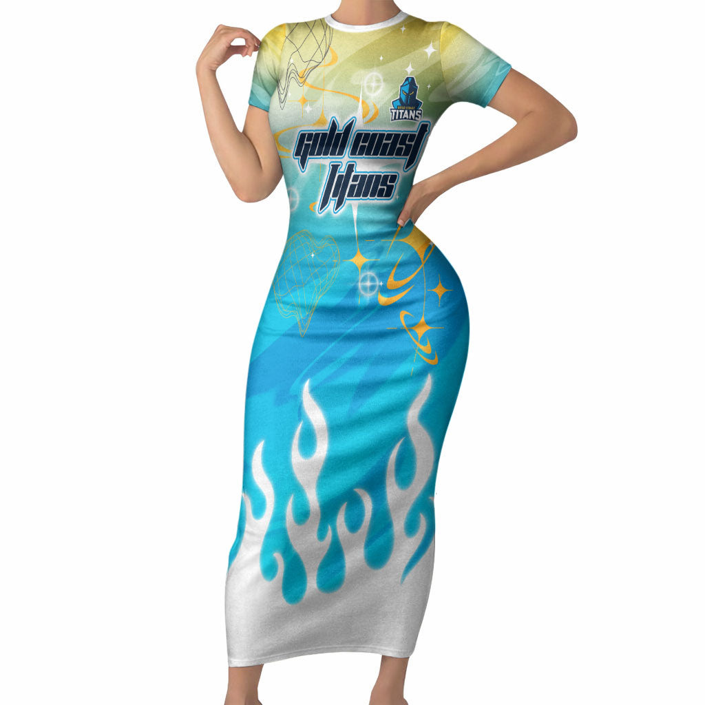 Personalized Gold Coast Titans Short Sleeve Bodycon Dress Y2K Grunge Aesthetic With Cyber Flames and Starburst Graphics