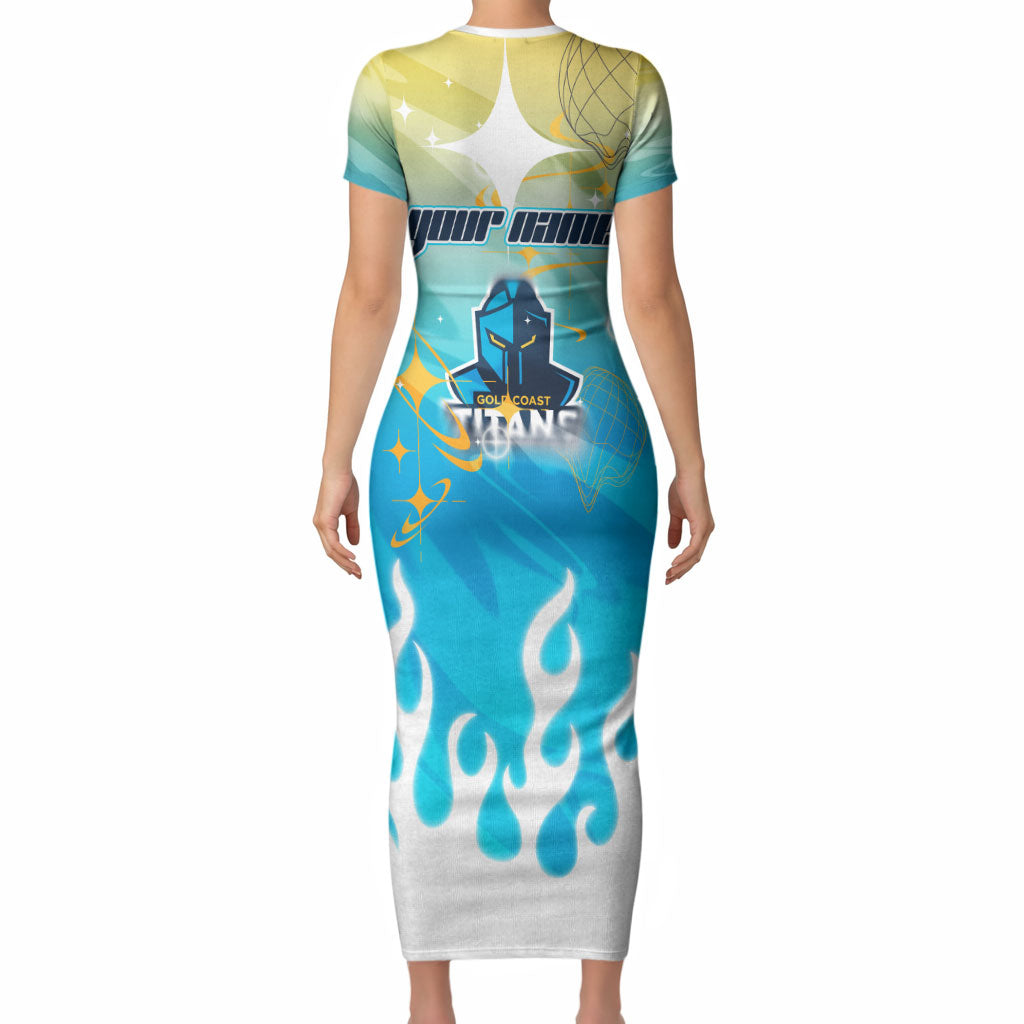 Personalized Gold Coast Titans Short Sleeve Bodycon Dress Y2K Grunge Aesthetic With Cyber Flames and Starburst Graphics