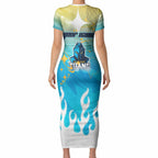 Personalized Gold Coast Titans Short Sleeve Bodycon Dress Y2K Grunge Aesthetic With Cyber Flames and Starburst Graphics