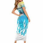 Personalized Gold Coast Titans Short Sleeve Bodycon Dress Y2K Grunge Aesthetic With Cyber Flames and Starburst Graphics