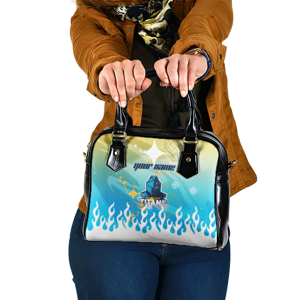 Personalized Gold Coast Titans Shoulder Handbag Y2K Grunge Aesthetic With Cyber Flames and Starburst Graphics