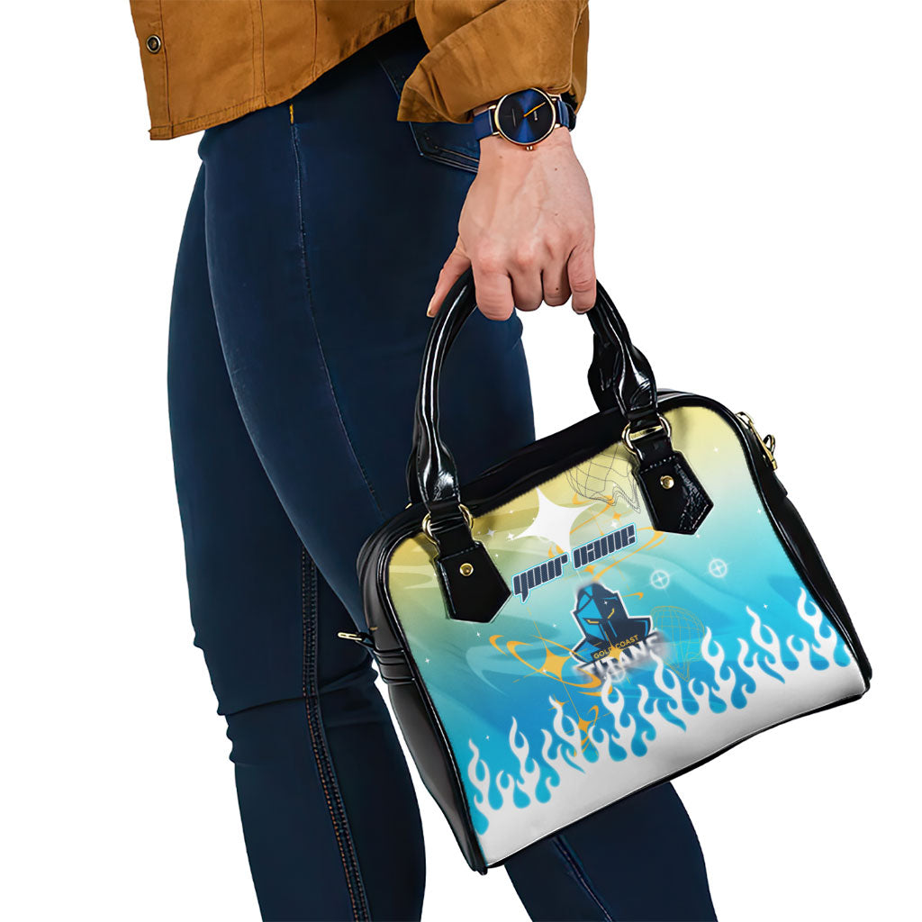 Personalized Gold Coast Titans Shoulder Handbag Y2K Grunge Aesthetic With Cyber Flames and Starburst Graphics