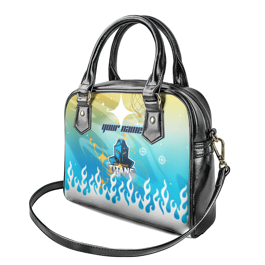 Personalized Gold Coast Titans Shoulder Handbag Y2K Grunge Aesthetic With Cyber Flames and Starburst Graphics