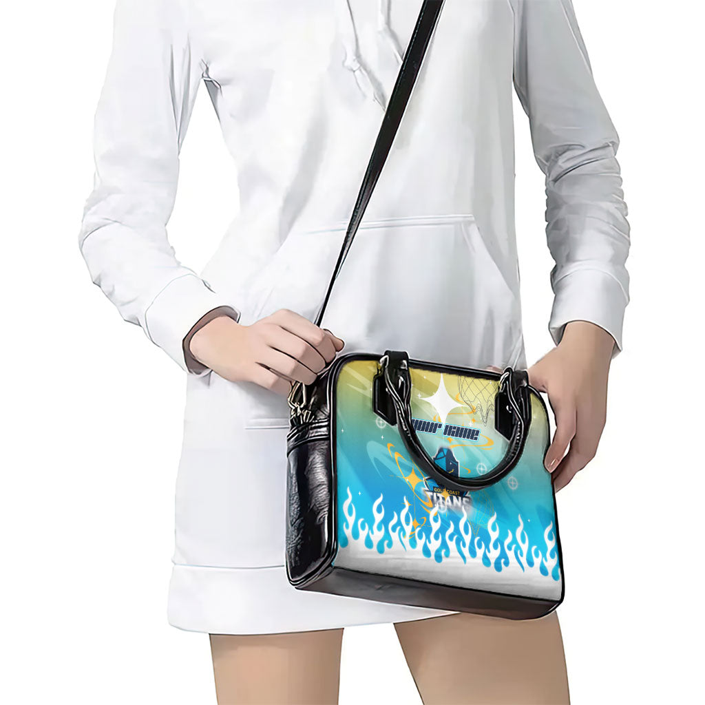 Personalized Gold Coast Titans Shoulder Handbag Y2K Grunge Aesthetic With Cyber Flames and Starburst Graphics