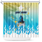 Personalized Gold Coast Titans Shower Curtain Y2K Grunge Aesthetic With Cyber Flames and Starburst Graphics