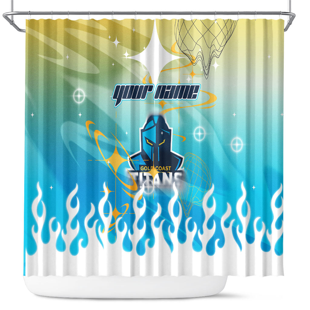 Personalized Gold Coast Titans Shower Curtain Y2K Grunge Aesthetic With Cyber Flames and Starburst Graphics