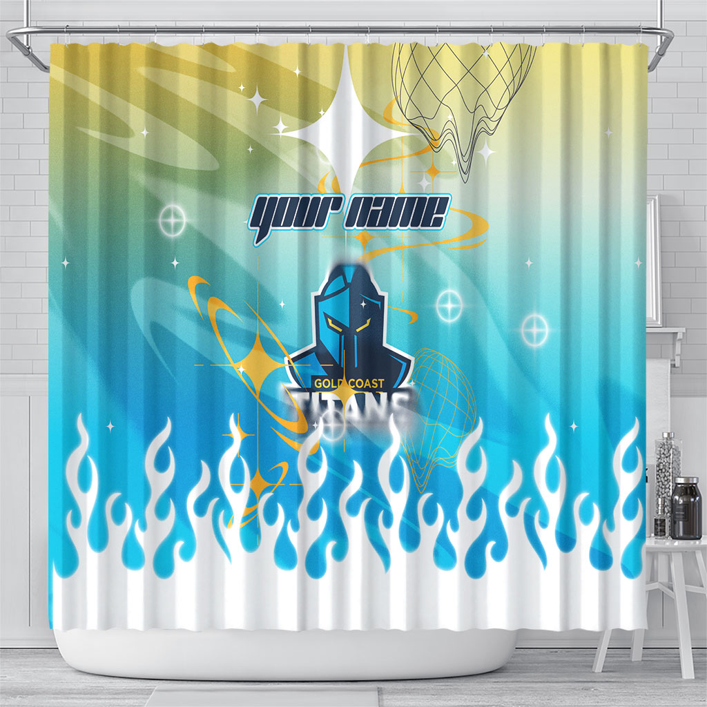 Personalized Gold Coast Titans Shower Curtain Y2K Grunge Aesthetic With Cyber Flames and Starburst Graphics