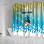 Personalized Gold Coast Titans Shower Curtain Y2K Grunge Aesthetic With Cyber Flames and Starburst Graphics