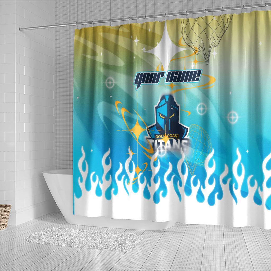Personalized Gold Coast Titans Shower Curtain Y2K Grunge Aesthetic With Cyber Flames and Starburst Graphics