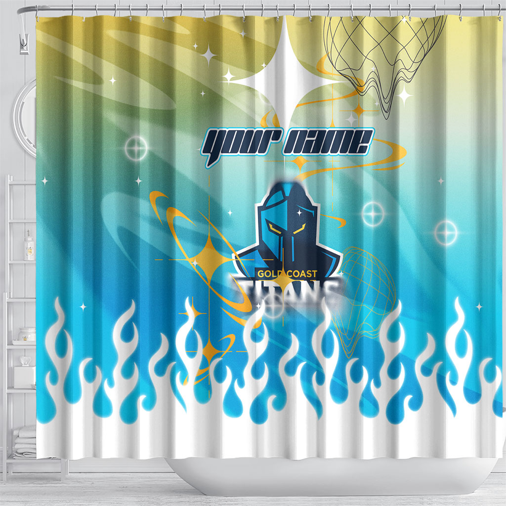 Personalized Gold Coast Titans Shower Curtain Y2K Grunge Aesthetic With Cyber Flames and Starburst Graphics
