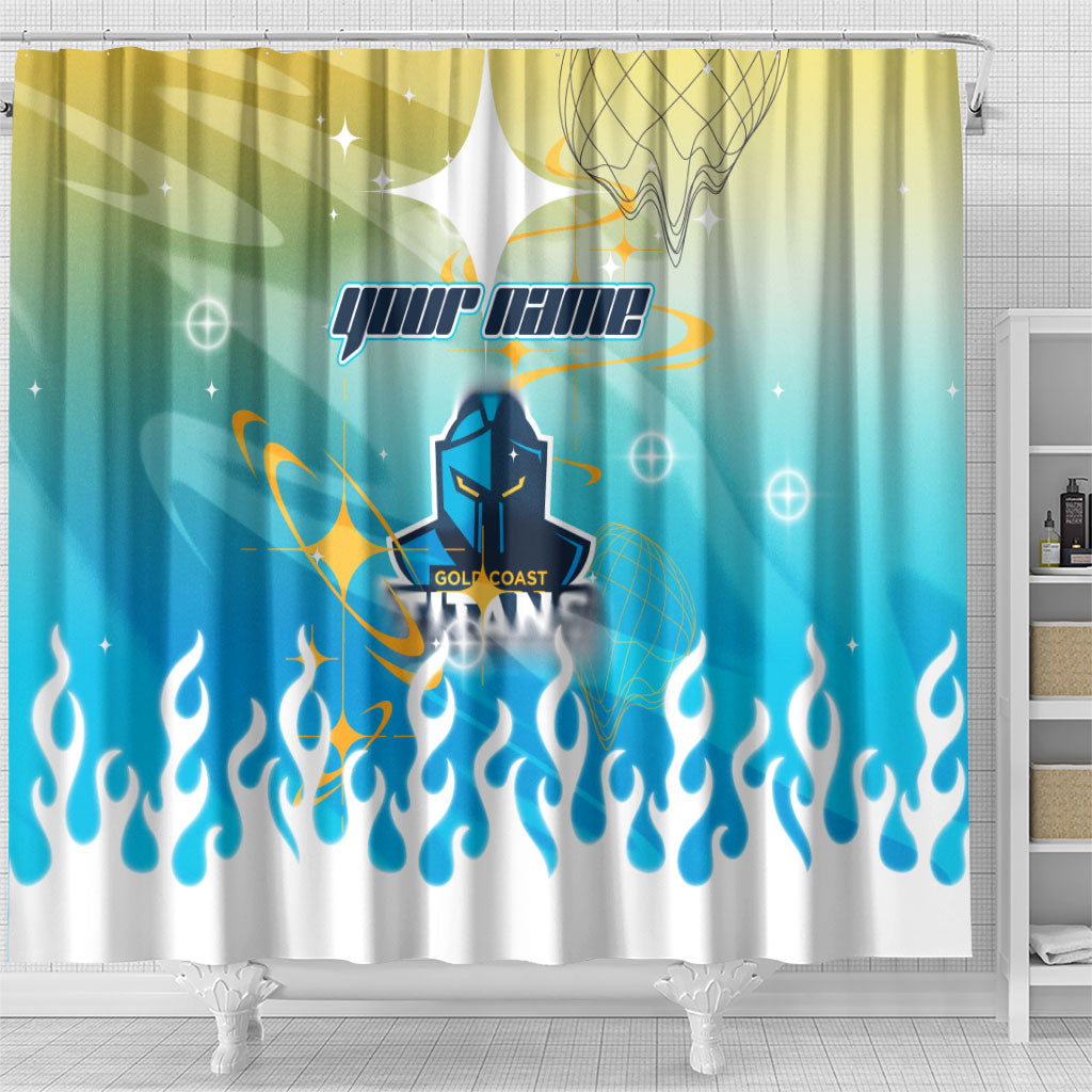Personalized Gold Coast Titans Shower Curtain Y2K Grunge Aesthetic With Cyber Flames and Starburst Graphics