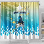 Personalized Gold Coast Titans Shower Curtain Y2K Grunge Aesthetic With Cyber Flames and Starburst Graphics