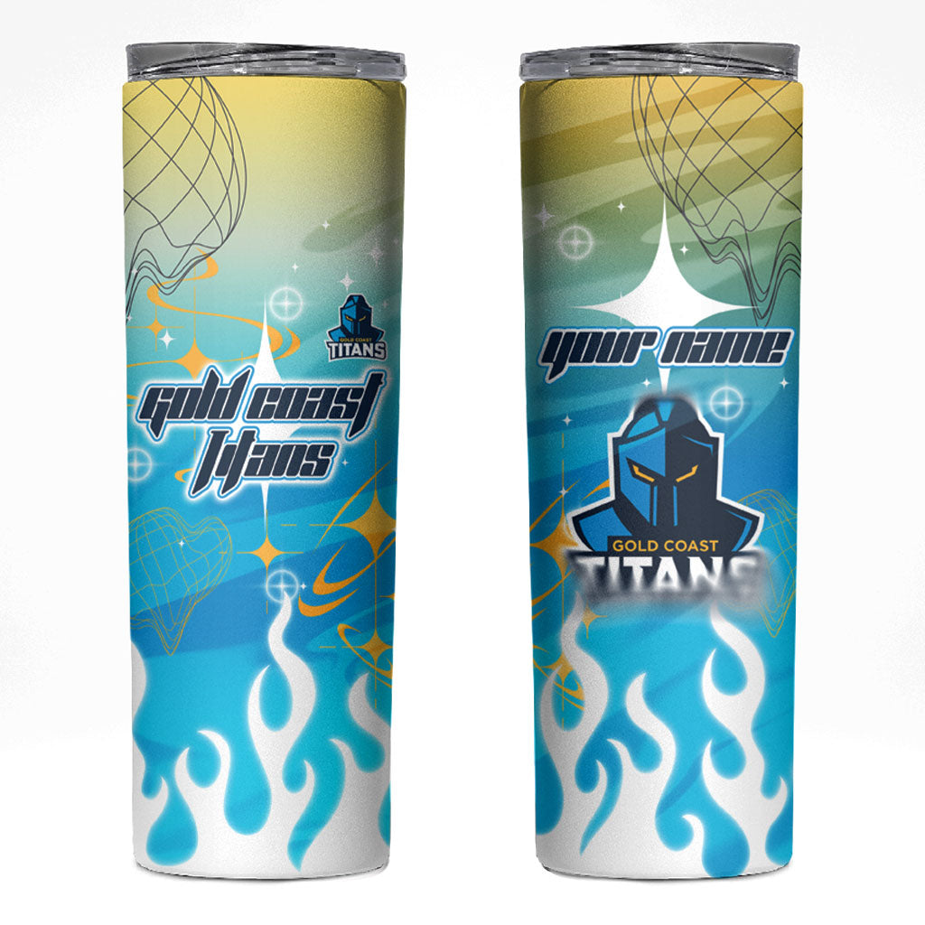 Personalized Gold Coast Titans Skinny Tumbler Y2K Grunge Aesthetic With Cyber Flames and Starburst Graphics