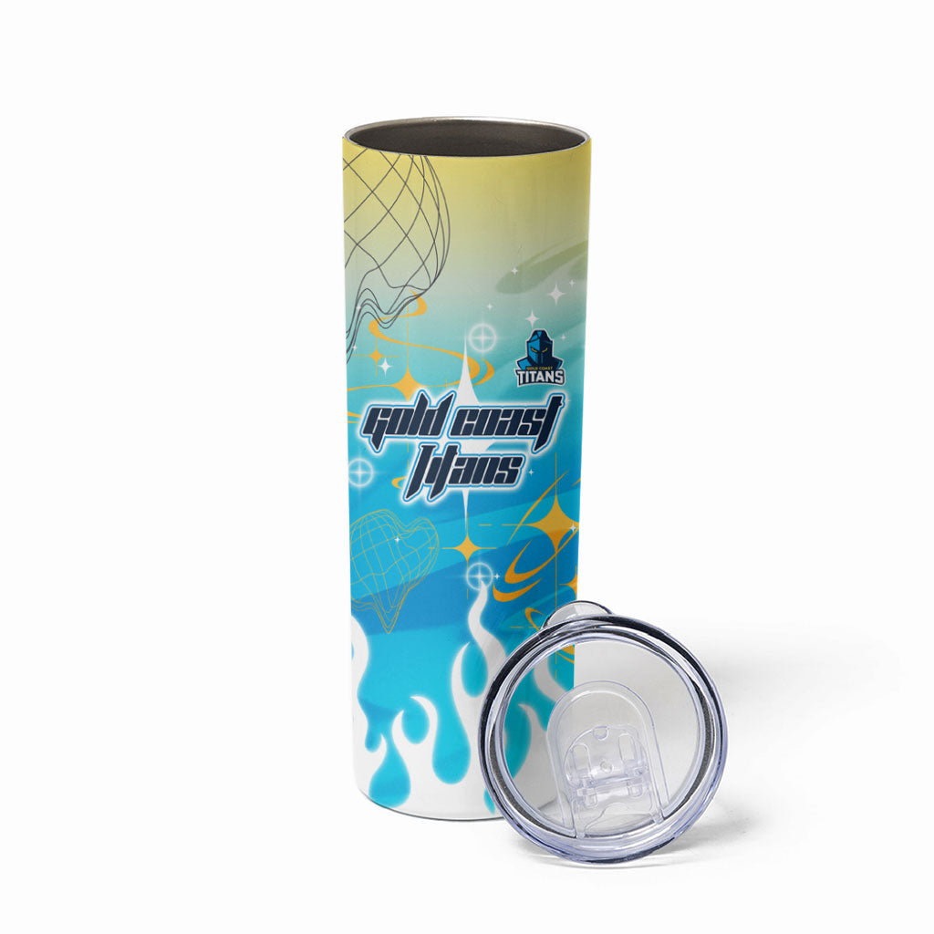 Personalized Gold Coast Titans Skinny Tumbler Y2K Grunge Aesthetic With Cyber Flames and Starburst Graphics