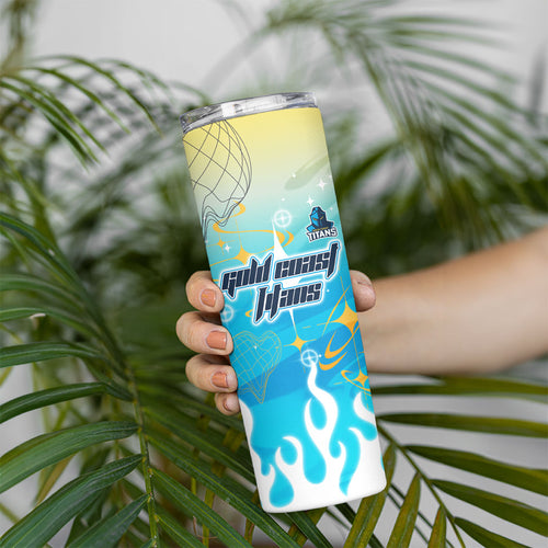 Personalized Gold Coast Titans Skinny Tumbler Y2K Grunge Aesthetic With Cyber Flames and Starburst Graphics