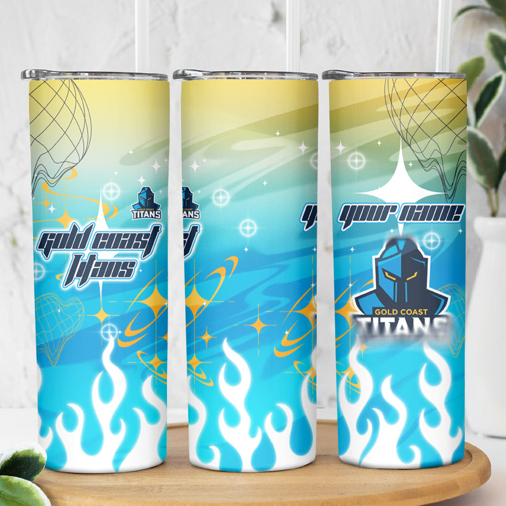 Personalized Gold Coast Titans Skinny Tumbler Y2K Grunge Aesthetic With Cyber Flames and Starburst Graphics