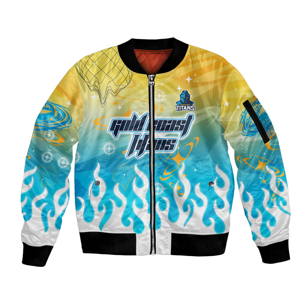 Personalized Gold Coast Titans Sleeve Zip Bomber Jacket Y2K Grunge Aesthetic With Cyber Flames and Starburst Graphics