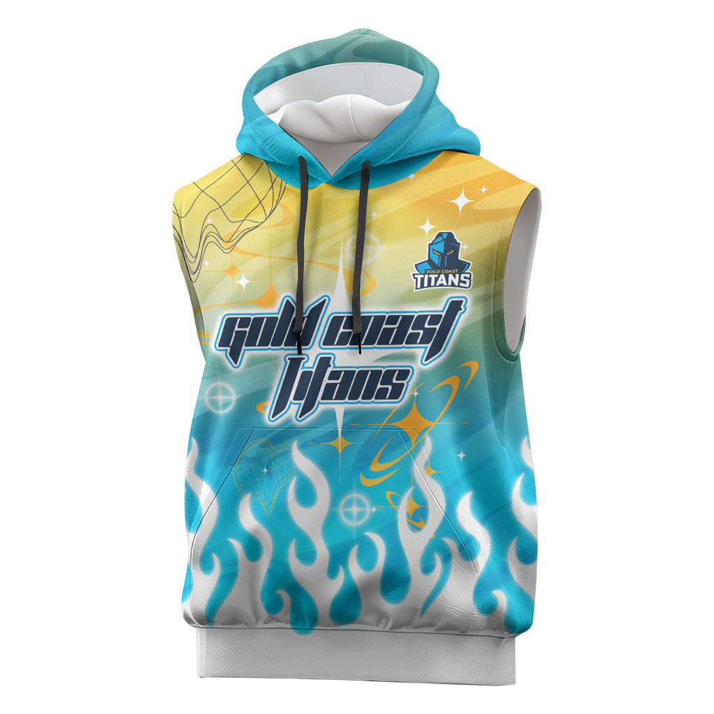 Personalized Gold Coast Titans Sleeveless Hoodie Y2K Grunge Aesthetic With Cyber Flames and Starburst Graphics
