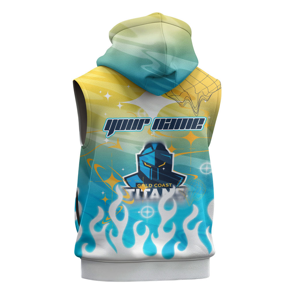 Personalized Gold Coast Titans Sleeveless Hoodie Y2K Grunge Aesthetic With Cyber Flames and Starburst Graphics