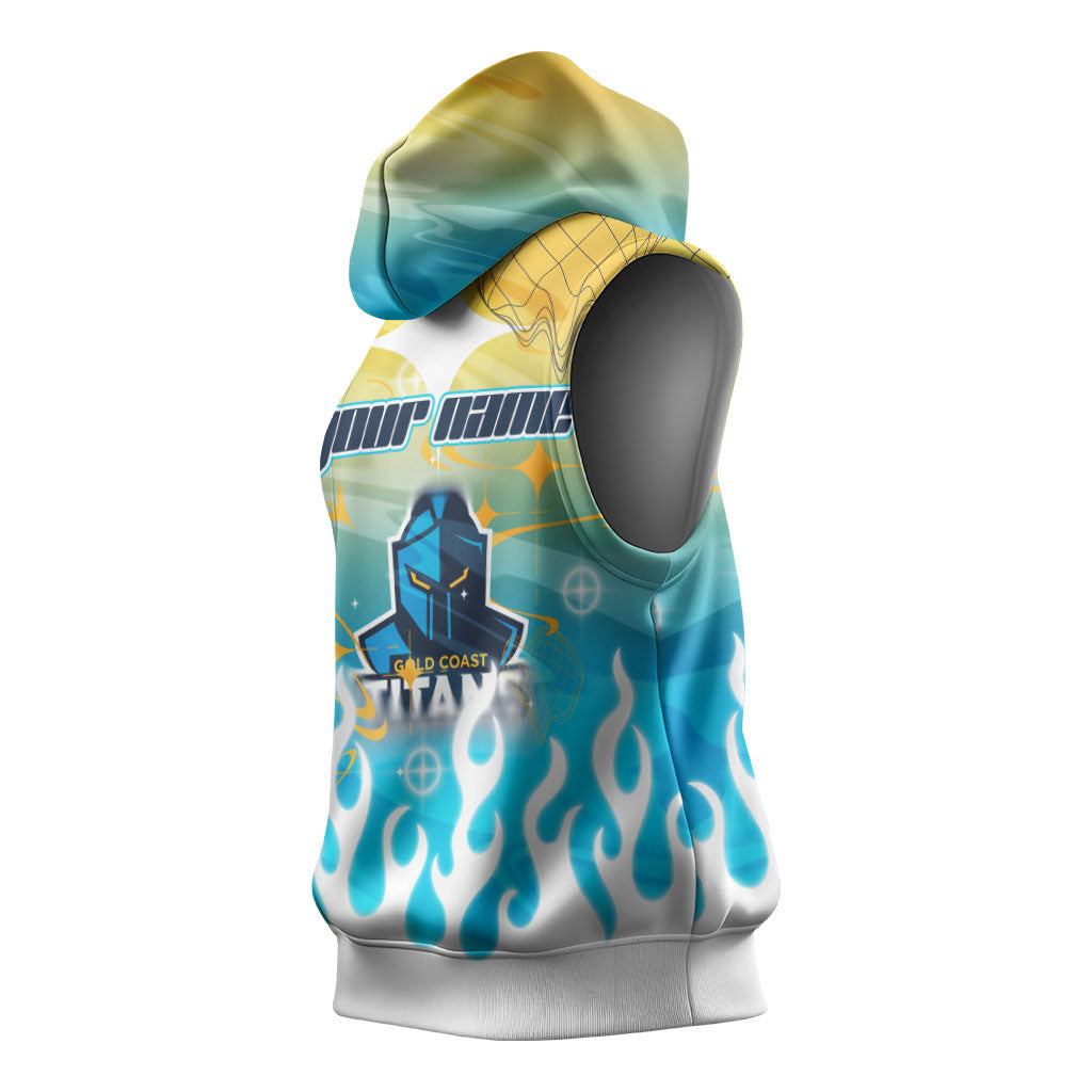 Personalized Gold Coast Titans Sleeveless Hoodie Y2K Grunge Aesthetic With Cyber Flames and Starburst Graphics