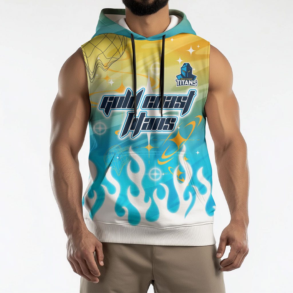 Personalized Gold Coast Titans Sleeveless Hoodie Y2K Grunge Aesthetic With Cyber Flames and Starburst Graphics