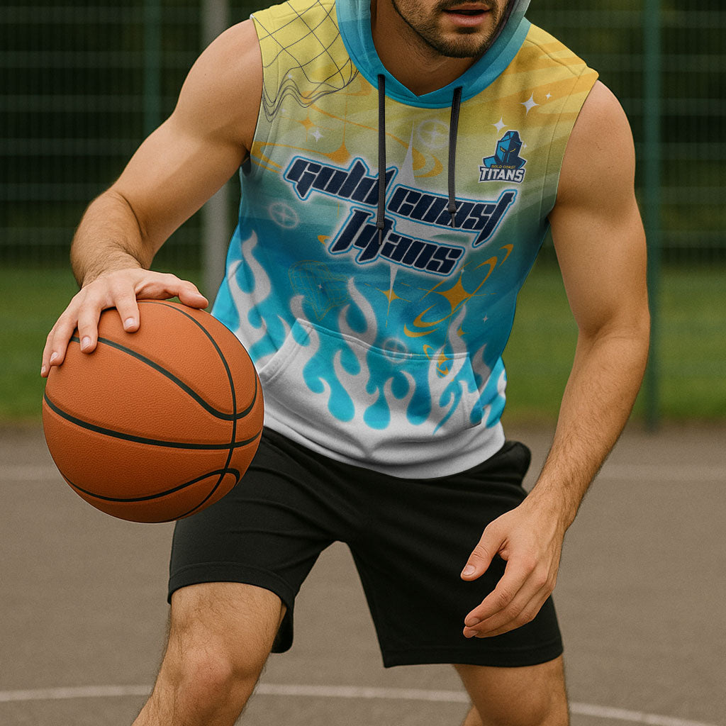 Personalized Gold Coast Titans Sleeveless Hoodie Y2K Grunge Aesthetic With Cyber Flames and Starburst Graphics