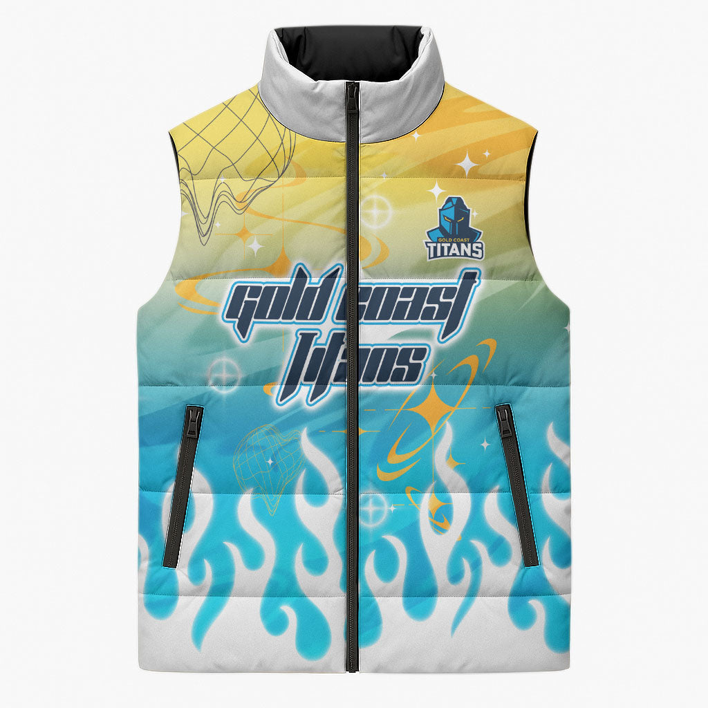 Personalized Gold Coast Titans Sleeveless Puffer Jacket Y2K Grunge Aesthetic With Cyber Flames and Starburst Graphics