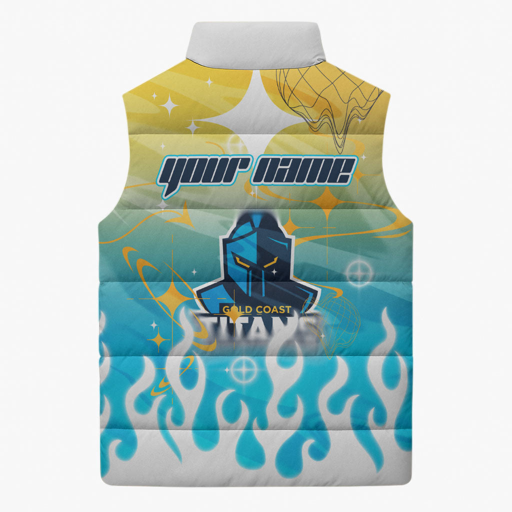 Personalized Gold Coast Titans Sleeveless Puffer Jacket Y2K Grunge Aesthetic With Cyber Flames and Starburst Graphics