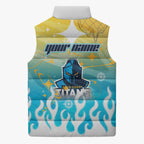Personalized Gold Coast Titans Sleeveless Puffer Jacket Y2K Grunge Aesthetic With Cyber Flames and Starburst Graphics