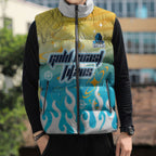 Personalized Gold Coast Titans Sleeveless Puffer Jacket Y2K Grunge Aesthetic With Cyber Flames and Starburst Graphics