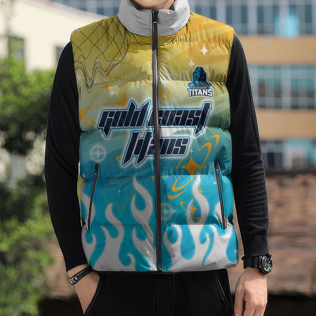 Personalized Gold Coast Titans Sleeveless Puffer Jacket Y2K Grunge Aesthetic With Cyber Flames and Starburst Graphics