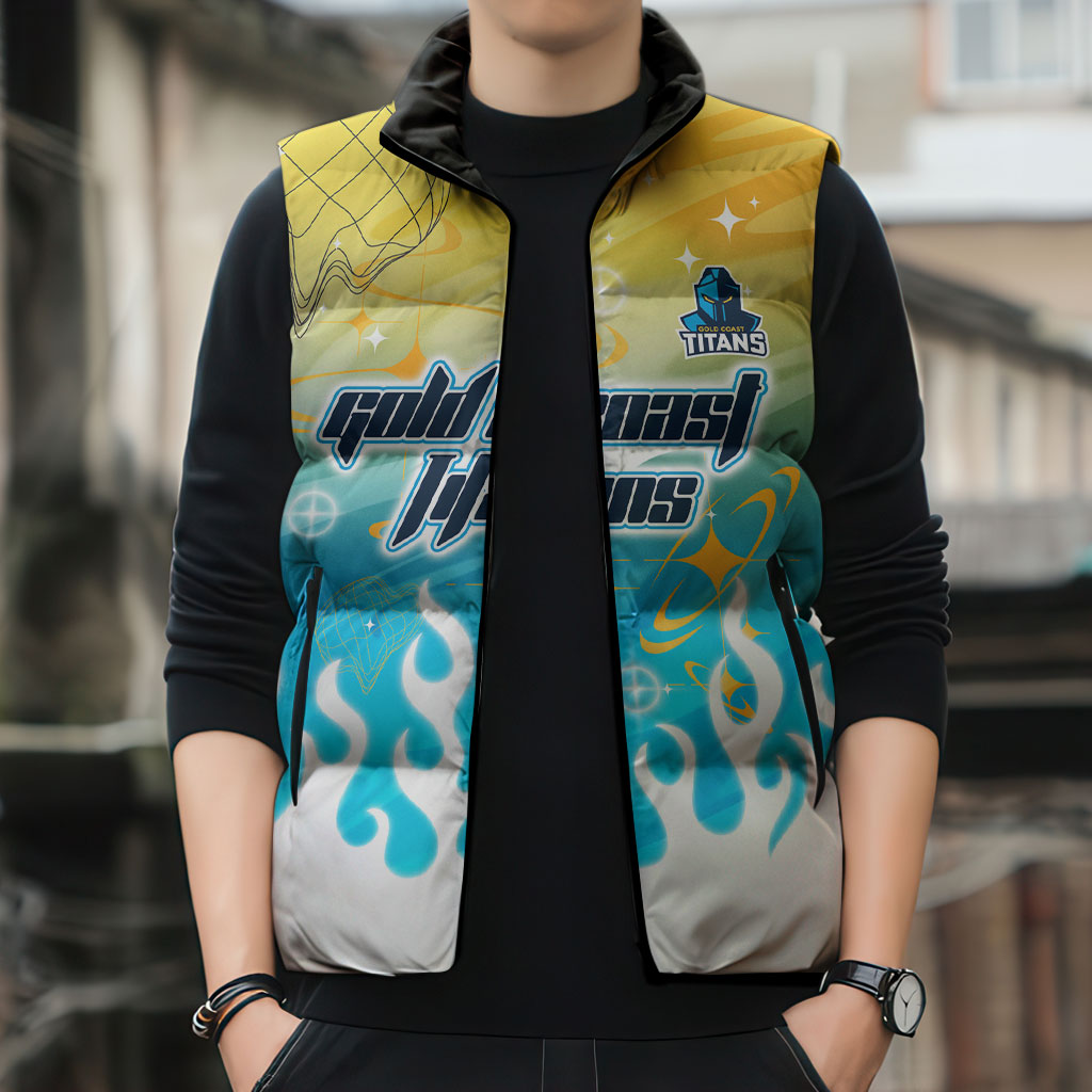 Personalized Gold Coast Titans Sleeveless Puffer Jacket Y2K Grunge Aesthetic With Cyber Flames and Starburst Graphics