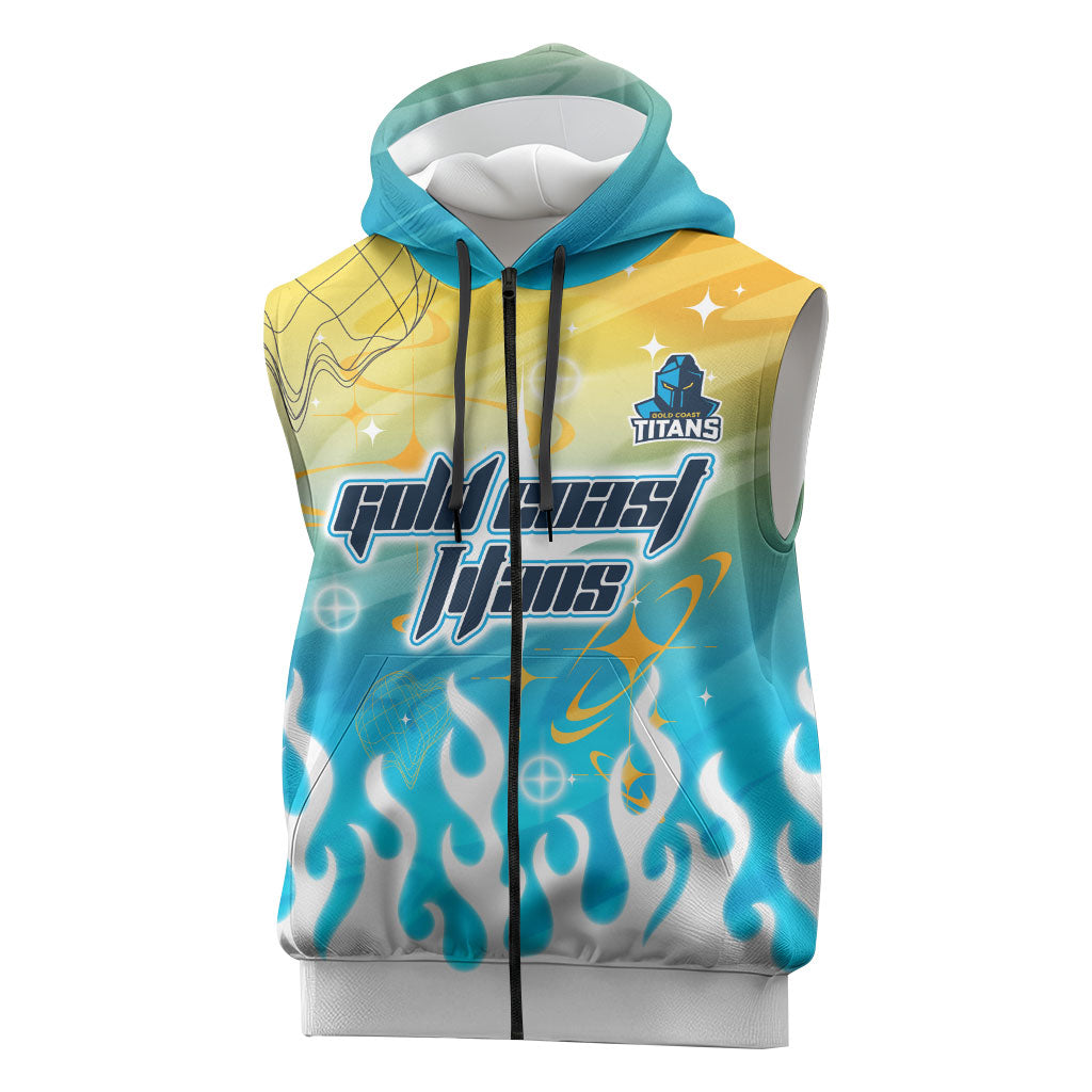 Personalized Gold Coast Titans Sleeveless Zip Hoodie Y2K Grunge Aesthetic With Cyber Flames and Starburst Graphics