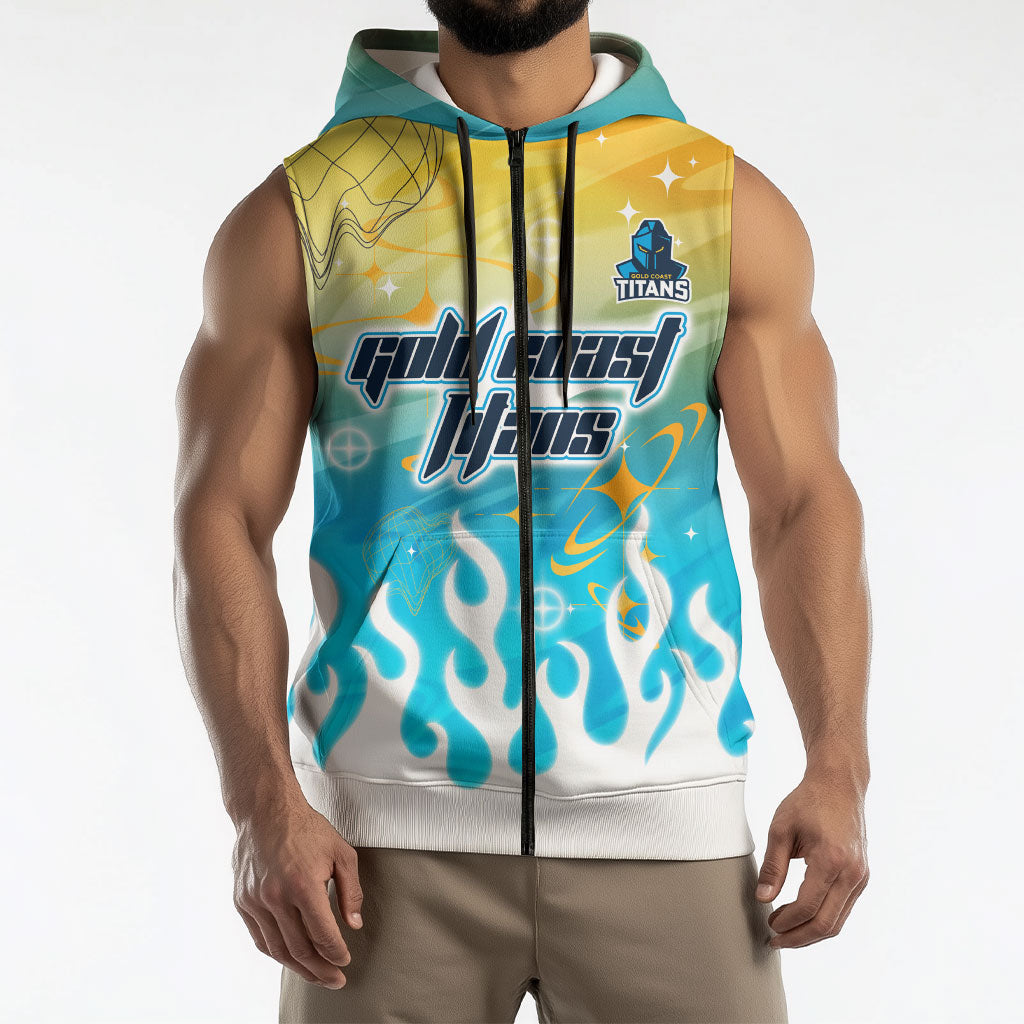 Personalized Gold Coast Titans Sleeveless Zip Hoodie Y2K Grunge Aesthetic With Cyber Flames and Starburst Graphics
