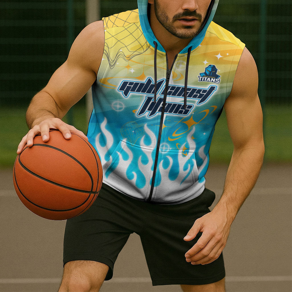 Personalized Gold Coast Titans Sleeveless Zip Hoodie Y2K Grunge Aesthetic With Cyber Flames and Starburst Graphics