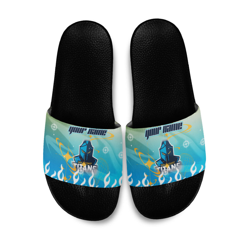 Personalized Gold Coast Titans Slide Sandals Y2K Grunge Aesthetic With Cyber Flames and Starburst Graphics